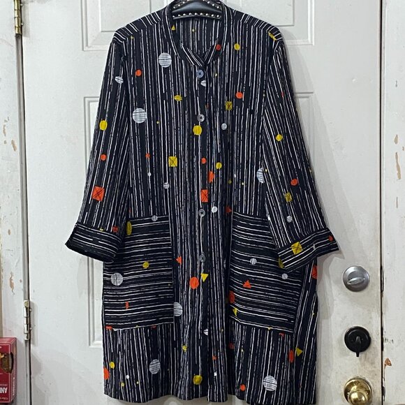 John Mark Sz XL Tunic Button Up 3/4 Sleeve 2 Pockets Black/Multi Geometric - Picture 1 of 13